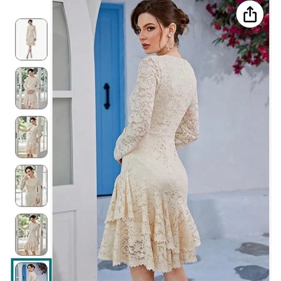 🌹2X HOST PICK🌹TICOSA BEIGE LACE DRESS WITH RUFFLE LAYERED LACE HEM/SZ L - Picture 4 of 14